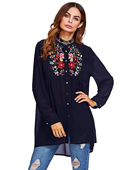 Romwe Women's Floral Embroidered Button Down Long Sleeve Loose Blouse Top