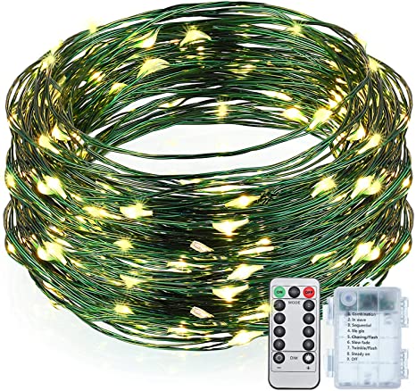 Battery Operated String Lights, Outdoor String Lights, 33ft/ 10 m 100 LED Waterproof Starry Fairy Lights with 8 Modes Remote Control Timer for Garden Room Christmas(Green and Warm White)