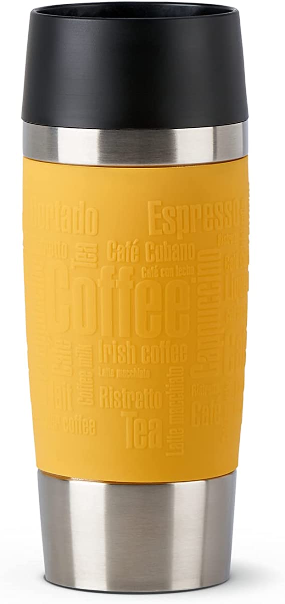 Emsa N20128 Travel Mug Classic Thermo/Insulated Cup Stainless Steel 0.36 litres 4 Hours Hot 8 Hours Cold BPA 100% Leak-Proof Dishwasher Safe 360° Drinking Opening Yellow