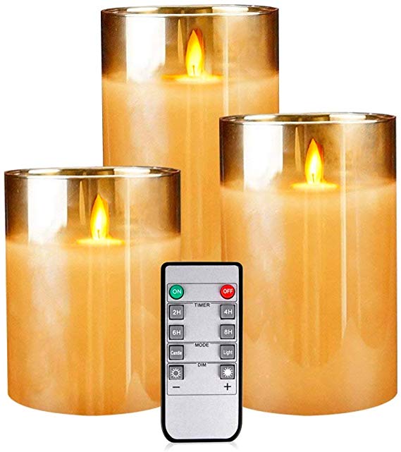 Flameless Led Candles Flickering, YINUO Candle Real Wax Fake Wick Moving Flame Faux Wickless Pillar Battery Operated Candles with Timer Remote Glass Effect (Brown)