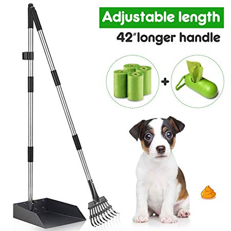 Dog Pooper Scooper, Pet Poop Tray and Rake Set for Large Medium Small Dogs - 42" Long Adjustable Handle Bin with Rake for Dog