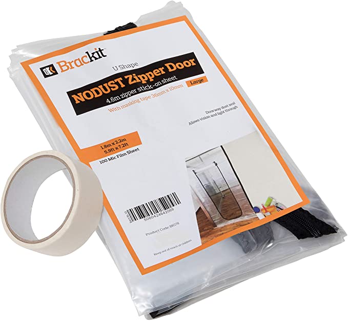 U Shape Zipper Door dust Sheet with pre-Assembled 4m Zipper- 110cm x 220cm - (3.6 X 7.2ft) - with Masking Tape 36mm x 10m