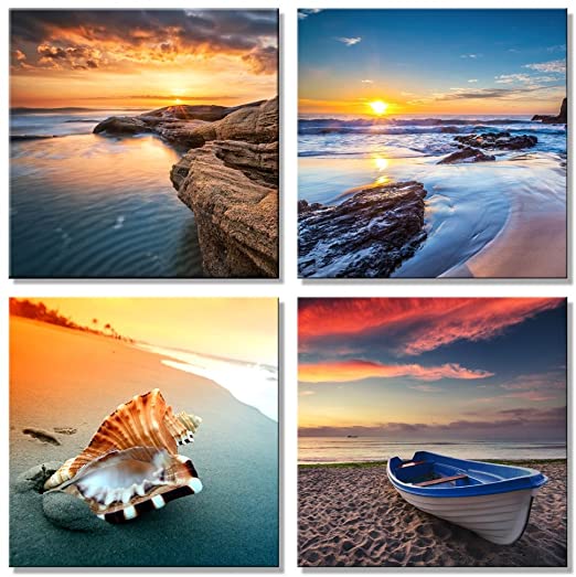 Pyradecor Large Sunset Sea Beach Modern Seascape Pictures Paintings on Canvas Wall Art 4 Panels Giclee Canvas Prints Artwork for Living Room Bedroom Home Office Decorations