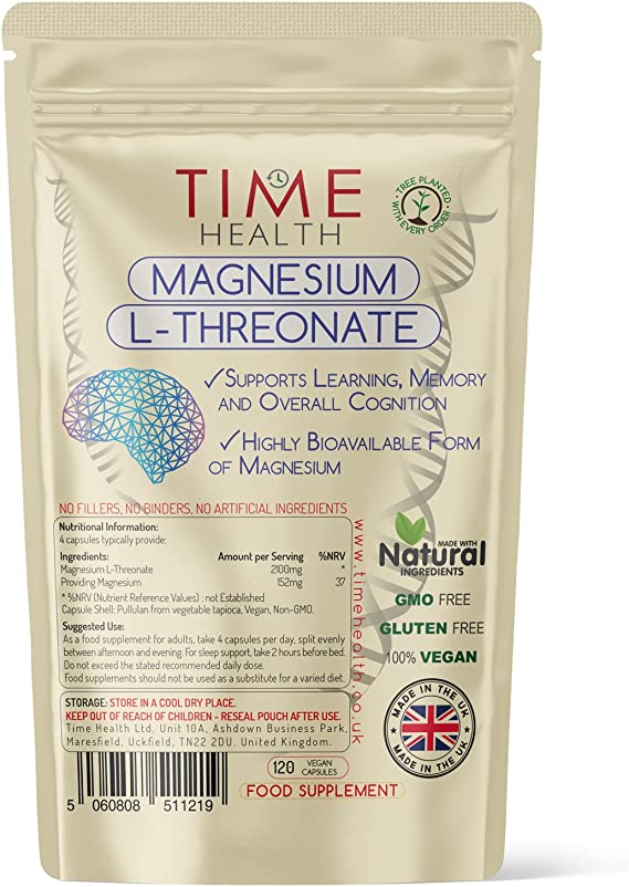 Magnesium L-Threonate – 120 Capsules – 2100mg – Providing 152mg Magnesium – Easily Absorbable – Highly Bioavailable – UK Made – Zero Additives – Pullulan (120 Capsule Pouch)