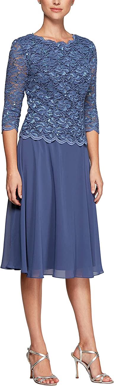 Alex Evenings Women's Plus Size Tea Length Lace Mock Dress