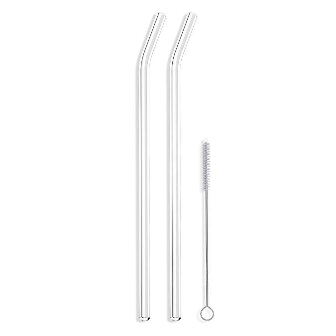 Hummingbird Glass Straws Clear 12" x 7 mm Long Reusable Straw Designed for Yeti and Starbucks Style Tumblers Made Wth Pride in USA - 2 Pack With Cleaning Brush (Bent)