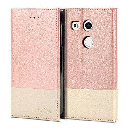 Nexus 5X Case, GMYLE Wallet Case Clip for Google Nexus 5X - Pink & Champagne Gold PU Leather Slim Stand Case Cover