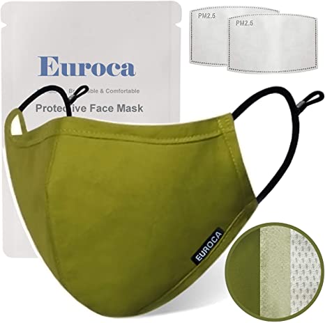 Euroca Cloth Face Mask 3 Layer Reusable Washable and Adjustable with Filter Pocket for Adult -1 Pack with 2 Filters included (Green, Large)