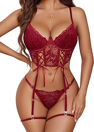 Avidlove Women Lingerie 4 Piece Garter Lingerie Floral Lace Bra and Panty Sets with Underwire S-XXL