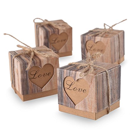Aketek 50pcs Candy Boxes Love Rustic Kraft Bonbonniere With Burlap Jute Shabby Chic Vintage Twine Wedding Favor Imitation Bark Gift Box 5 Cm x 5 Cm x 5 Cm