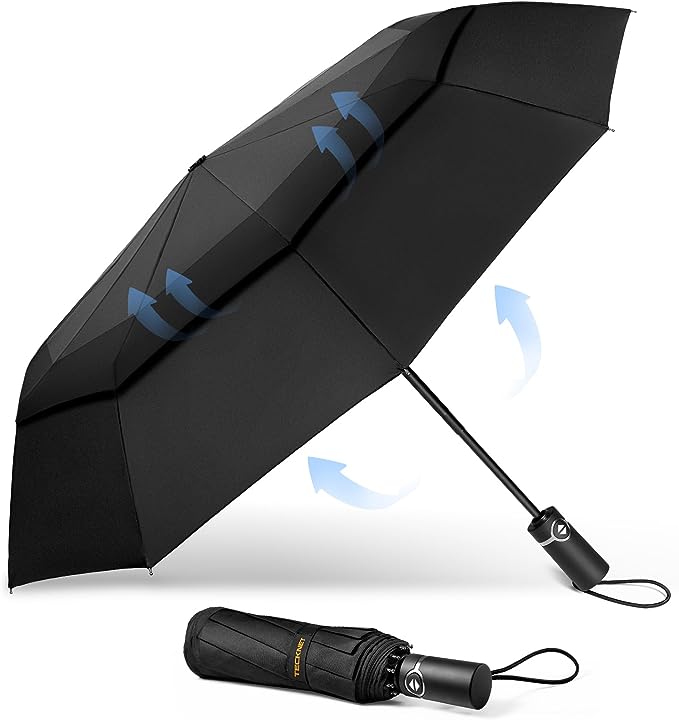 TECKNET Windproof Umbrella, Strong Compact Travel Automatic Umbrellas, Large Wind Resistant Umbrella with 10 Ribs, Folding Lightweight Golf Automatic Umbrella for Rain - Men, Black