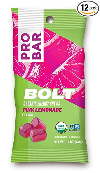 PROBAR- Bolt Organic Energy Chews, Pink Lemonade, Non-GMO, Gluten-Free, USDA Certified Organic, Healthy, Natural Energy, Fast Fuel Gummies with Vitamins B & C (12 Count) Packaging May Vary