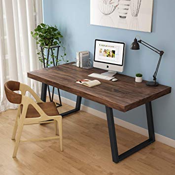 Tribesigns 55" Rustic Solid Wood Computer Desk with Reclaimed Look, Vintage Industrial Home Office Desk Features Heavy-Duty Metal Base Works As Writing Desk or Study Table (Retro Brown)