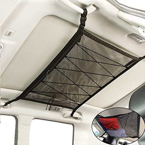 roadwi SUV Interior Ceiling Cargo Storage Net - Double Layer Mesh Long Trip Storage Organizer 33.4''x 22.5'',Adjustable Buckle and Extra Drawstring Tighten Car Storage Bag