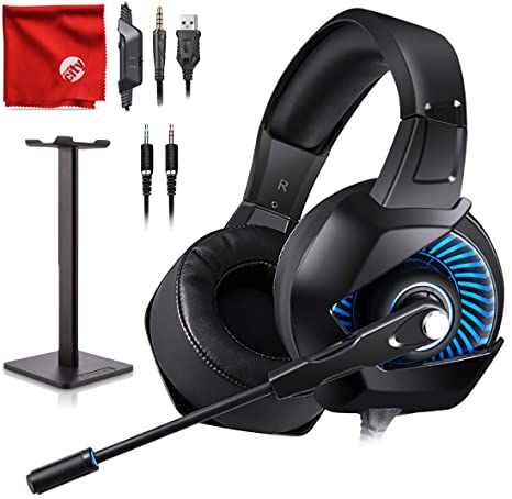 ONIKUMA K6 Blue LED Light Pro Over-Ear Surround Sound Noise Cancelling Gaming Headset Microphone Bundle with Headphone Stand for PC, Xbox One, PS4, Nintendo Switch, Mac, Desktop, Laptop, Computer