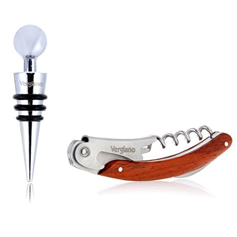 Vergiano Waiters Corkscrew and Wine Stopper Set, Cherry Wood Curved Corkscrew; Red Wine Bottle Opener; Wine Enthusiast; Stainless Steel Wine Bottle Stopper Set; Bartenders Gift Set; Decorative Favors