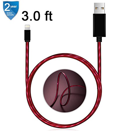 iPhone Cable Areson 3.0FT Sync & Charging Cords Visible Flowing LED Lightning Cable for iPhone 7,SE,5,5s,6,6s,6 Plus,iPad Air,Mini,iPod (Red)