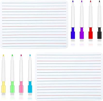 2 Pieces Dry Erase Ruled Lap Boards Double Sided Dry Erase Boards with 8 Pieces Color Mixed Erasable Pens for Students Teachers Classrooms Supplies, 9 x 12 Inch