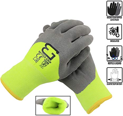 Better Grip BGWANS3/4 Safety Winter Insulated Double Lining Rubber Latex 3/4 Coated Work Gloves, 3 Pairs/Pack (Extra Large, Lime)