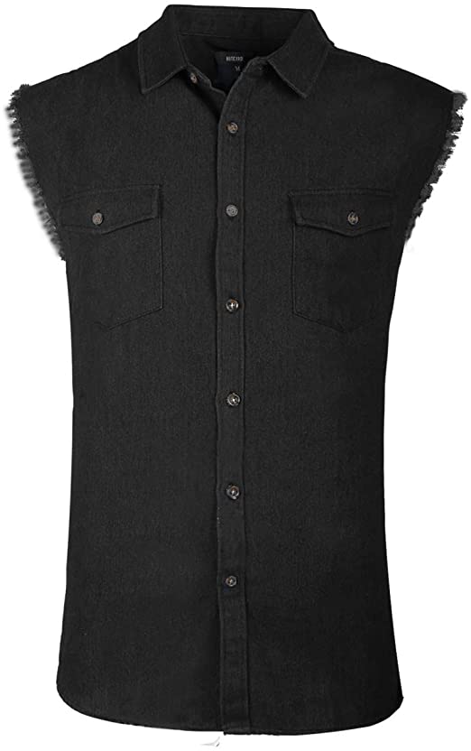 NUTEXROL Men's Sleeveless Denim/Cotton Shirt Biker Vest 2 Front Pockets