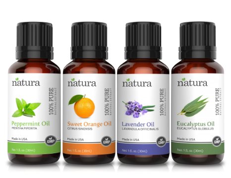 Natura USA Manufactured 100% Pure Essential Oils Gift Box Set - 4/30ml Kit (Lavender, Eucalyptus, Peppermint, Sweet Orange)