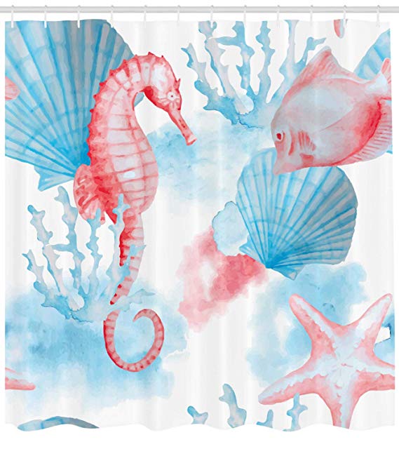 Ambesonne Nautical Decor Collection, Sea Shells Seahorse and Fish Sandy Beach Exotic Stylized Watercolor Effect Print, Polyester Fabric Bathroom Shower Curtain, 75 Inches Long, Coral Blue White