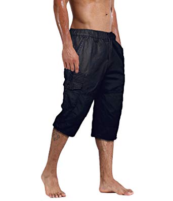 Kolongvangie Men's 3/4 Capri Shorts Below Knee Cotton Belted Stretchy Cargo Long Shorts with Multi Pockets