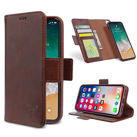 Compatible iPhone X Case Leather, FRIFUN Detachable Durable and Slim Cover with Auto Sleep/Wake Function Card Slots and Folding Stand Protective Cover for Apple iPhone X/iPhone 10 (Brown)
