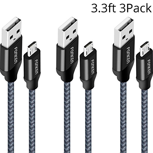 Micro USB Cable, Fonken Nylon Braided charging cables 3-pack 3.3FT High Speed Android Charger cable USB Data Cable Sync and Charging Cord for Samsung, Nexus, LG, Motorola, Sony and More (Black)
