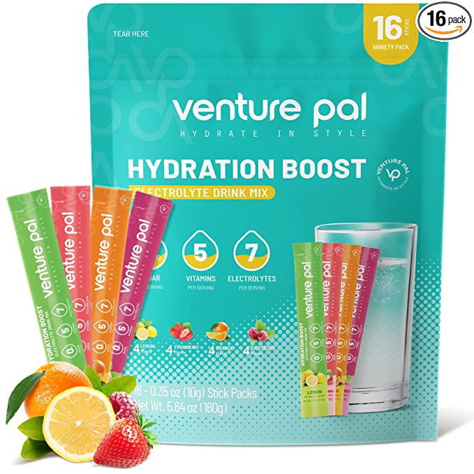 Venture Pal Hydration Boost - Variety Pack- Hydration Powder Packets - Electrolyte Drink Mix for Fast Dehydration Relief | 5 Vitamins & 7 Electrolytes | Vegan & Sugar Free | Non-GMO | 16 Sticks