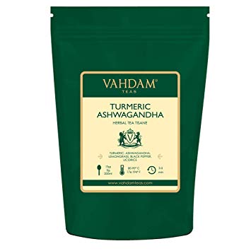 VAHDAM, Turmeric   Ashwagandha (100 Cups) | India's SUPERFOOD | Ancient Medicine Blend of Turmeric & Garden Fresh Spices, ABUNDANT IN ANTI-OXIDANTS & PHYTO-NUTRIENTS | Herbal Tea | Detox Tea |7oz