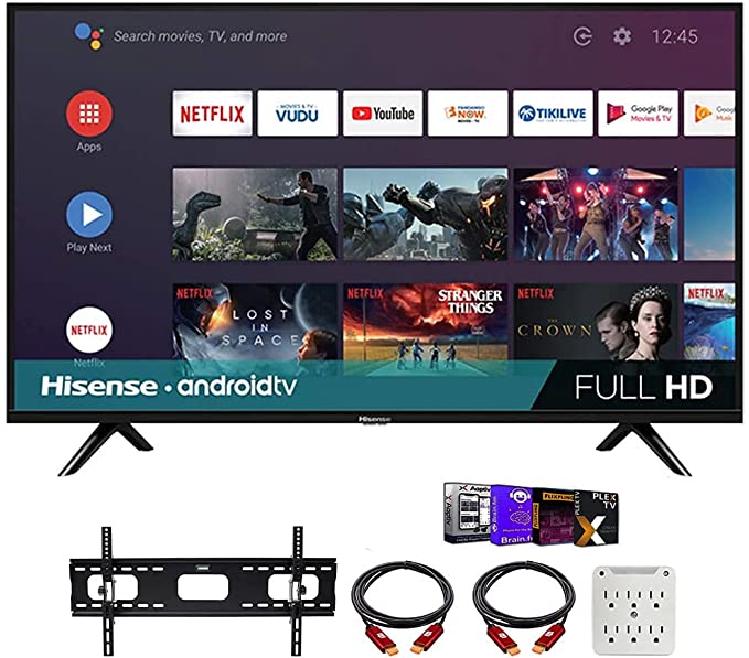 Hisense 40H5500F 40 Inch H55 Series FHD Smart Android TV with DTS Studio Sound Bundle with Premiere Movies Streaming   37-100 Inch TV Wall Mount   6-Outlet Surge Adapter   2X 6FT 4K HDMI 2.0 Cable