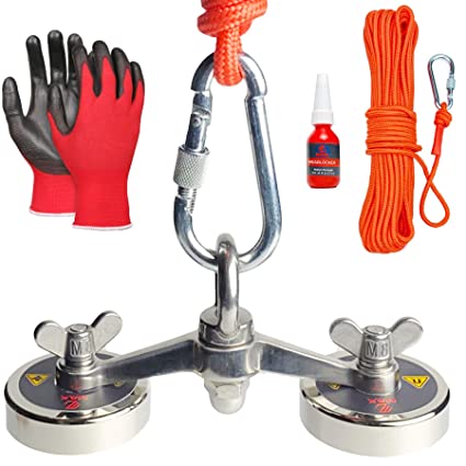 Max Magnets Fishing 600 lbs Pull (Combined Force) Double Bracket Kit Including Gloves, Thread Locker, and Rope with 2 Magnets Included