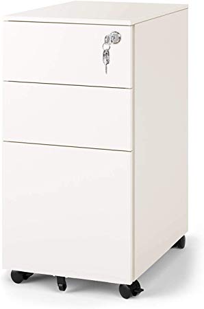 DEVAISE 3 Drawer Metal File Cabinet, Locking Filing Cabinet on Wheels for Home Office, White