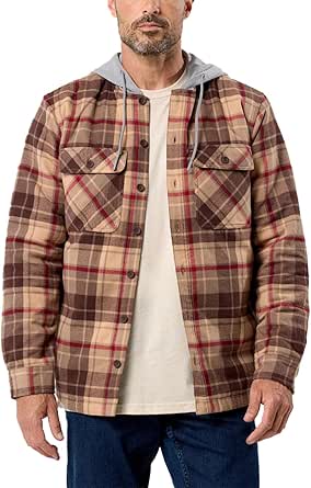 INTO THE AM Ridgeview Flannel Jacket for Men S-4XL Plaid Hooded Quilt Lining Insulated Shirt Jacket Coat