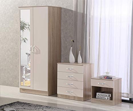 Fairpak Gladini High Gloss Mirrored 3 Piece Bedroom Furniture Set - Includes Wardrobe, 4 Drawer Chest, Bedside Cabinet - (Cream/Oak)