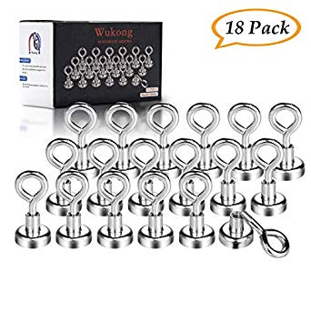 Wukong Neodymium Magnetic Hooks, Permanent, Rare Earth Magnets with Eyebolt 20 LB Pulling Forces for Refrigerator Kitchen Fridge Small Light Ceiling Hanger (18 Pack)