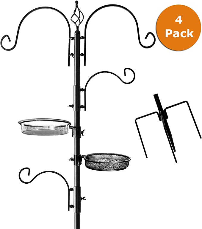 Deluxe Bird Feeding Station (4 Pack) Bird Feeders for Outside - Multi Feeder Pole Stand Kit with 4 Hangers, Bird Bath and 3 Prong Base for Attracting Wild Birds - 22 Inch Wide x 92 Inch Tall