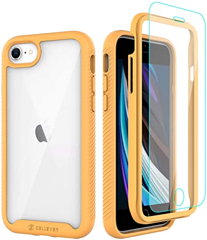 CellEver Compatible with iPhone SE 2020 Case/iPhone 7/iPhone 8 Case, Clear Full Body Heavy Duty Protective Anti-Slip Full Body Transparent Cover (2X Glass Screen Protector Included) - Yellow