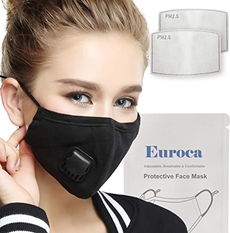 Euroca Reusable Face Mask with Breathing Valve & Activated Carbon Filter Made from Cotton Fabric Washable with Nose Clips Adjustable Ear Loop for Men Women Teens -2 Filters Included (Black) …