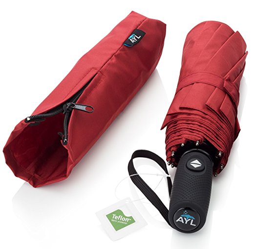 AYL Windproof Travel Umbrella with Teflon Coating and Zipper Pouch