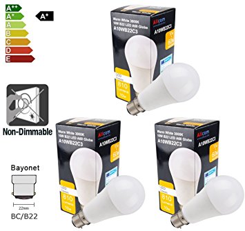 3 Pack: Allcam 10W B22 LED Bulb GLS Bayonet LED Lights, Ultra Bright 810 Lumen, 270° Beam Angle, replaces incandescent 60W-70W A60 Globe Bulbs 6000K Daylight Cool White