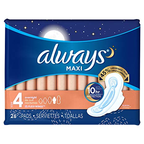 Always Maxi Size 4 Overnight Pads with Wings, Unscented, 26 Count (Packaging May Vary)