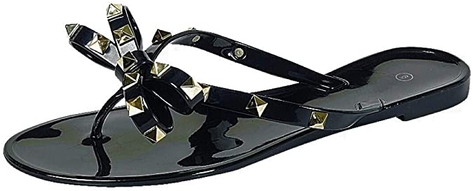 Womens Studded Jelly Flip Flops Sandals with Bow