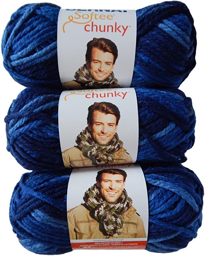 Bernat Softee Chunky Yarn Super Bulky #6, Denim Ombre, 3 Skeins