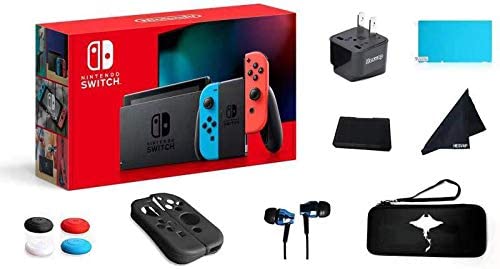 Newest Nintendo Switch with Neon Blue and Red Joy-Con 32GB Console (UK Version) - 6.2" Touchscreen LCD Display, Christmas Family Holiday Bundle 69 Value13-in-1 Supper Kit Case & US Adapter