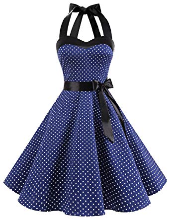 DRESSTELLS 50s Retro Halter Rockabilly Polka Dots Audrey Dress Cocktail Dress