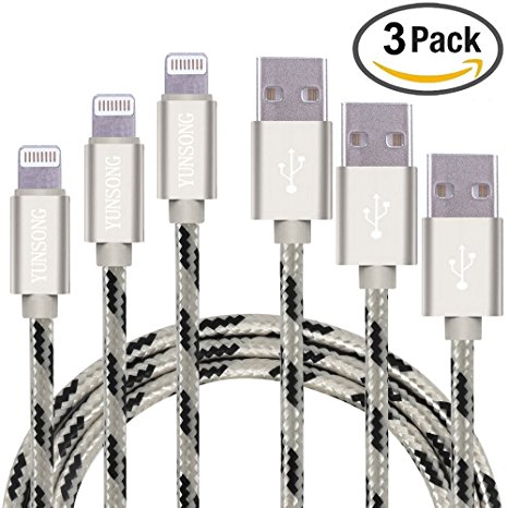 Lightning Cable, YUNSONG [3-pack] 5FT Nylon Braided 8 Pin Lightning Cable Syncing and Charging USB Cables Charger Cord for iPhone 6s/6 plus/6s plus, 5s/SE, iPad 3/4 Mini Air [silver]