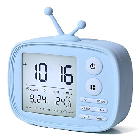 Alarm Clock for Kids One Fire LED Digital Alarm Clock with Snooze Function Wake Up Light with 5 Loud Sounds Easy to Operate Time Memory Temperature Display and USB Charging Port Christmas Gifts (Blue)