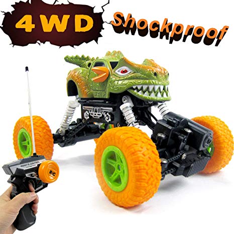 4WD RC Rock Climbing Dinosaur Car, Radio Remote Control Off-Road Vehicle Toy Cars with LED Lights for Kids Thanksgiving Christmas Gift--Yellow